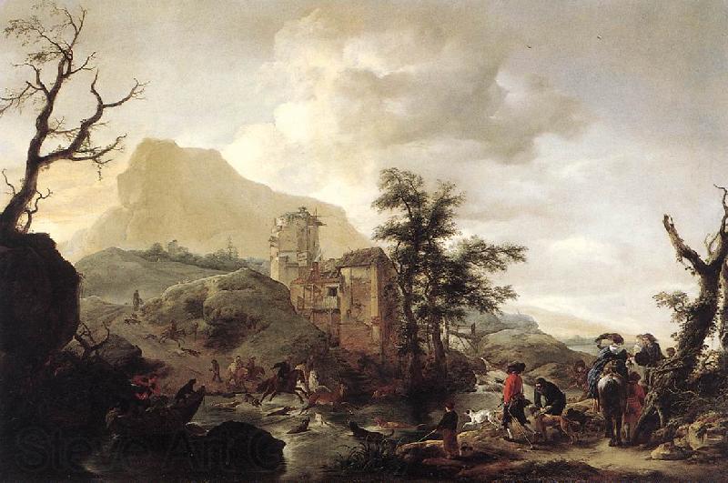 WOUWERMAN, Philips Stag Hunt in a River iut7 Spain oil painting art